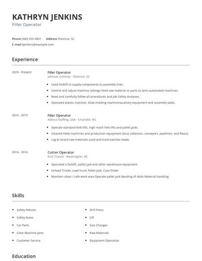 Filler Operator Resume