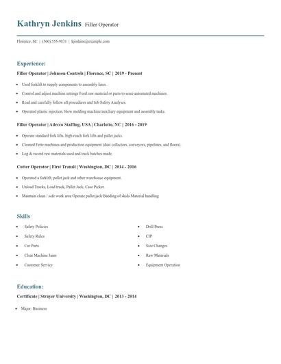 Filler Operator Resume
