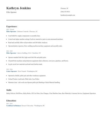 Filler Operator Resume