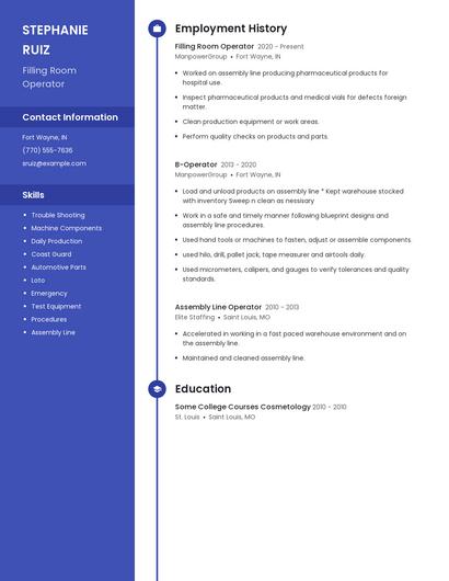 Filling Room Operator Resume
