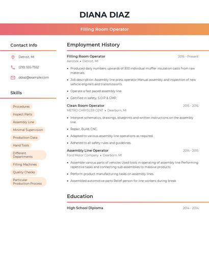 Filling Room Operator Resume