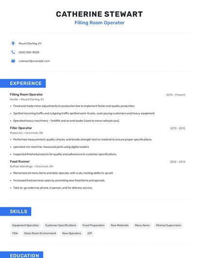 Filling Room Operator Resume