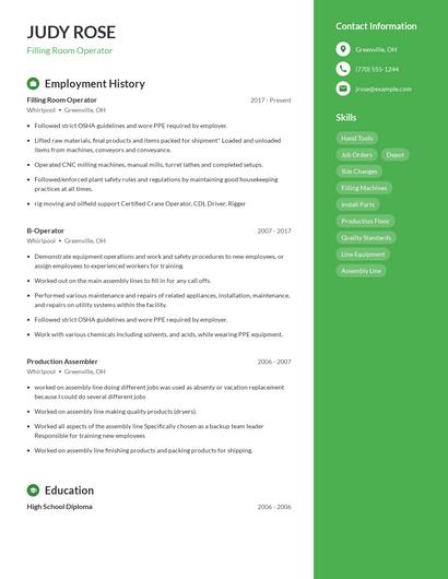 Filling Room Operator Resume