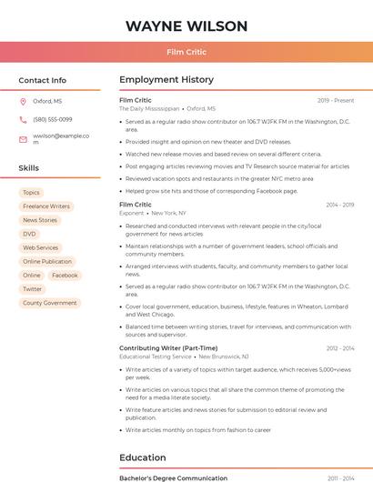 Film Critic Resume