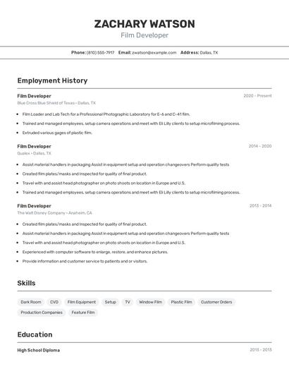 Film Developer Resume