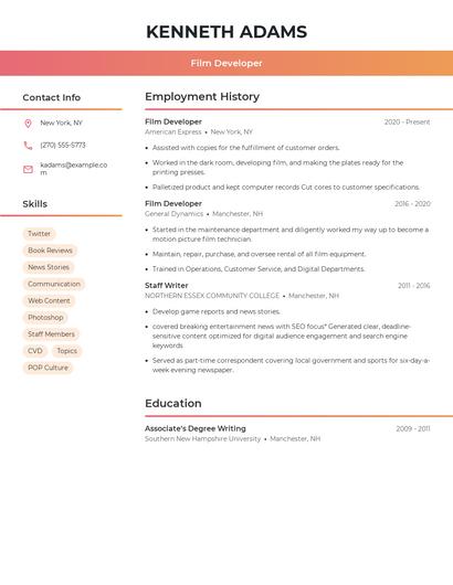 Film Developer Resume