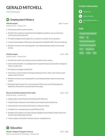 Film Developer Resume