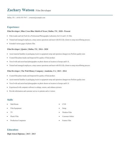 Film Developer Resume