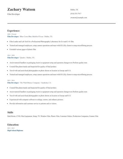 Film Developer Resume