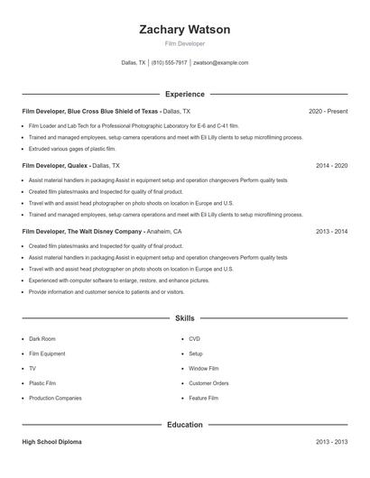 Film Developer Resume
