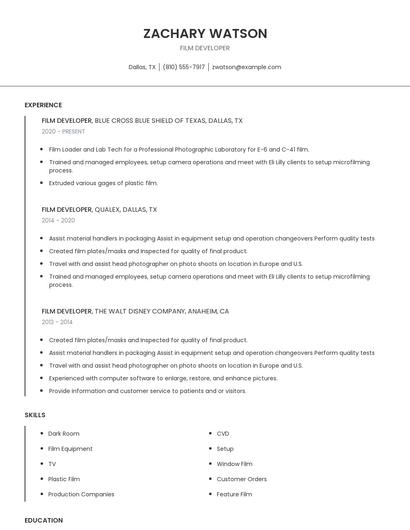 Film Developer Resume