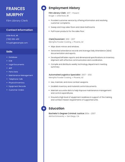 Film Library Clerk Resume
