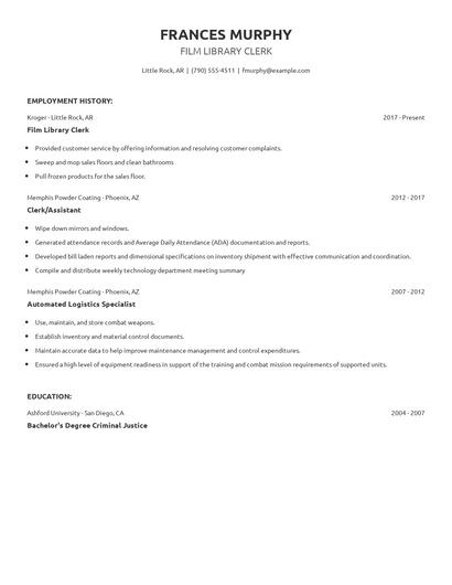 Film Library Clerk Resume