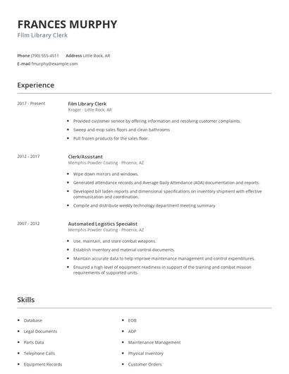 Film Library Clerk Resume