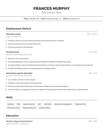 Film Library Clerk Resume