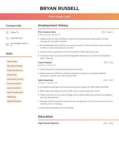 Film Library Clerk Resume