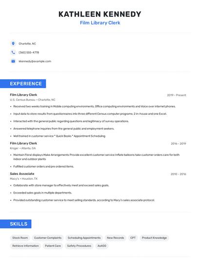 Film Library Clerk Resume