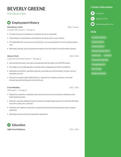 Film Library Clerk Resume