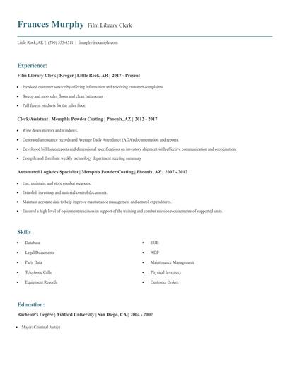 Film Library Clerk Resume