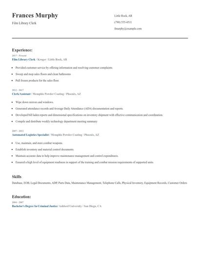 Film Library Clerk Resume
