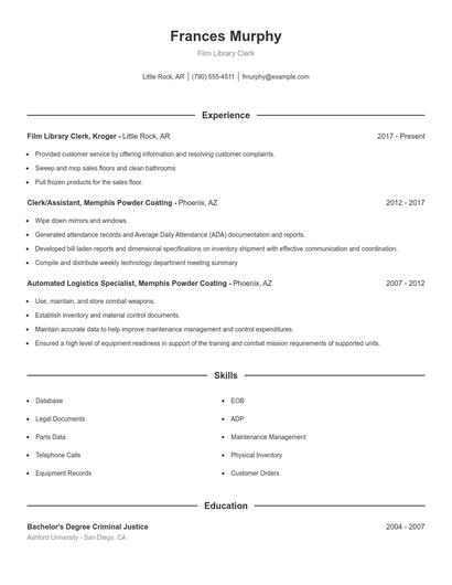 Film Library Clerk Resume
