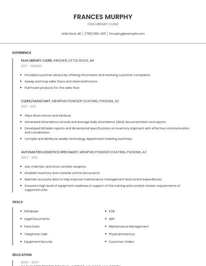 Film Library Clerk Resume