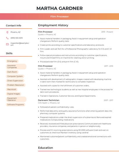 Film Processor Resume