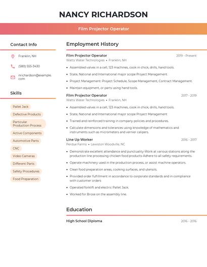 Film Projector Operator Resume
