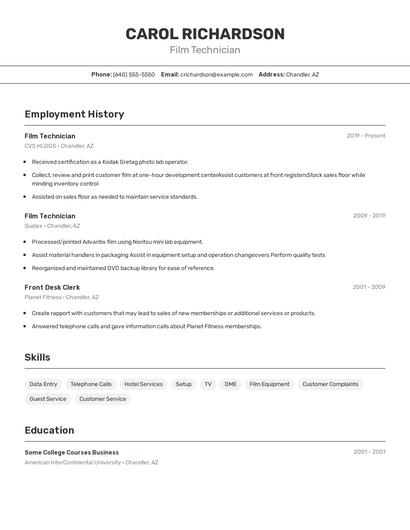 Film Technician Resume