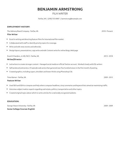 Film Writer Resume