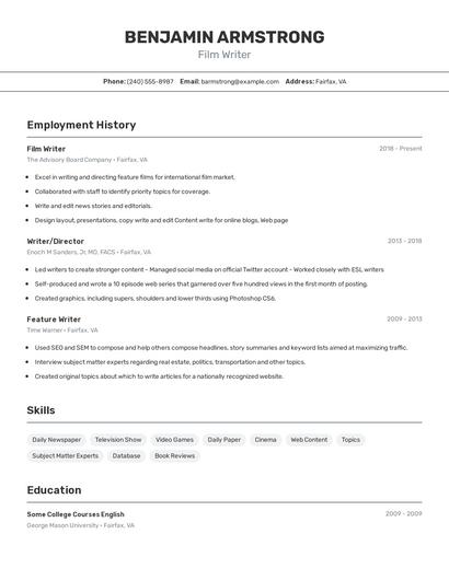 Film Writer Resume