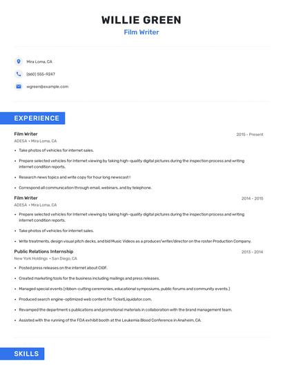 Film Writer Resume