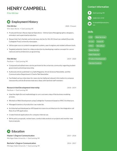 Film Writer Resume
