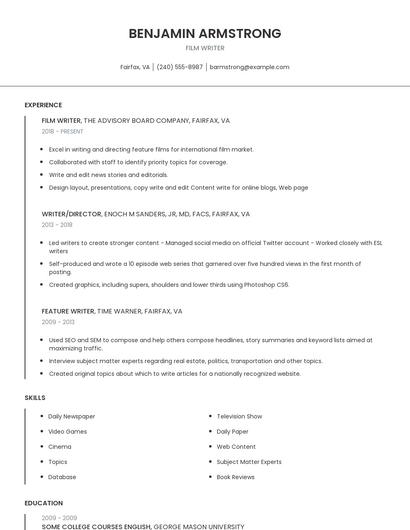 Film Writer Resume