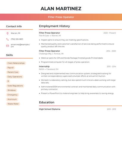 Filter Press Operator Resume