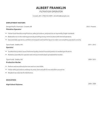 Filtration Operator Resume