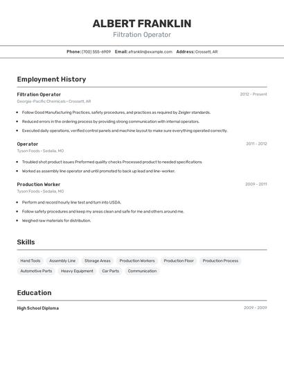 Filtration Operator Resume