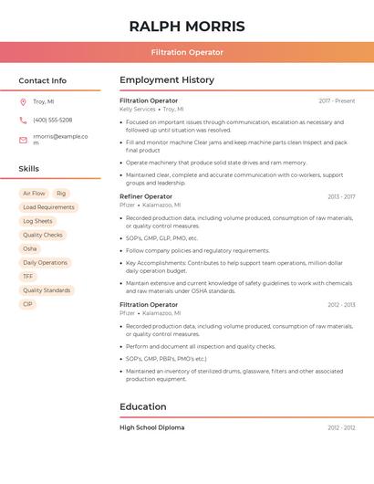 Filtration Operator Resume