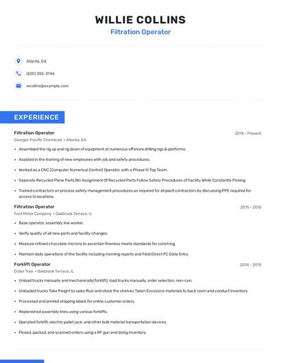 Filtration Operator Resume
