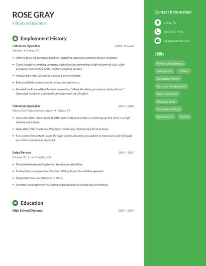 Filtration Operator Resume