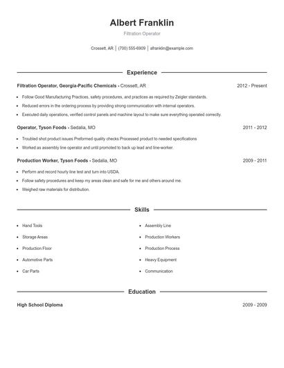 Filtration Operator Resume