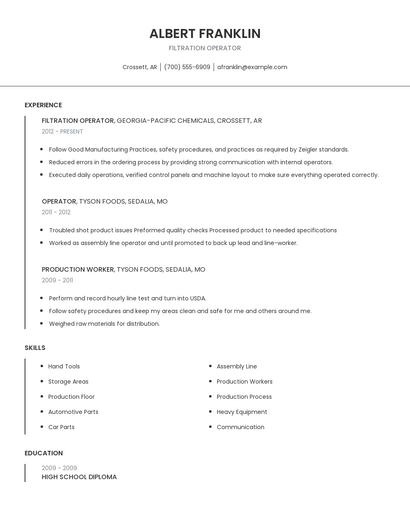 Filtration Operator Resume