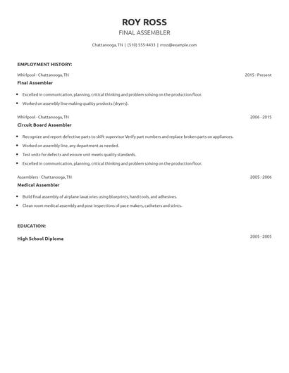 Final Assembler Resume