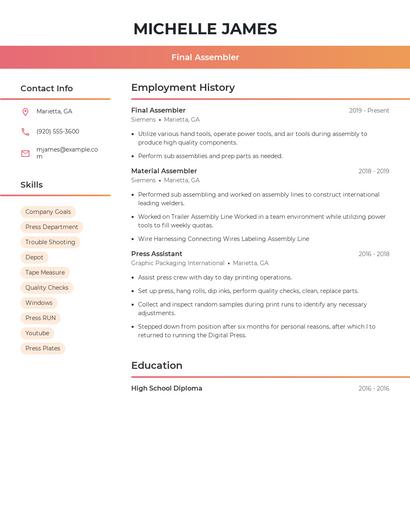 Final Assembler Resume