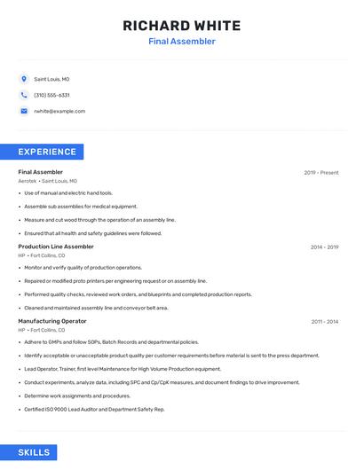 Final Assembler Resume