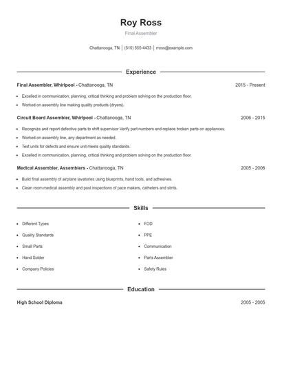 Final Assembler Resume