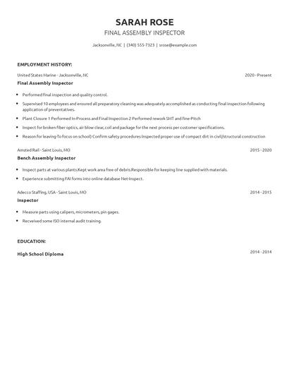 Final Assembly Inspector Resume