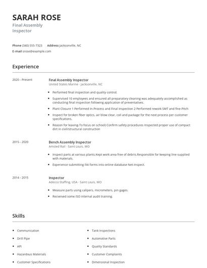 Final Assembly Inspector Resume