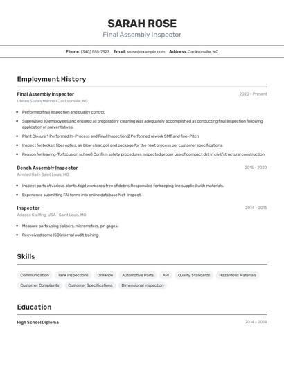 Final Assembly Inspector Resume