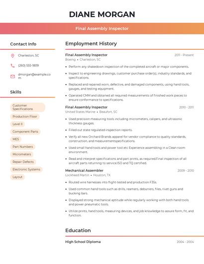 Final Assembly Inspector Resume